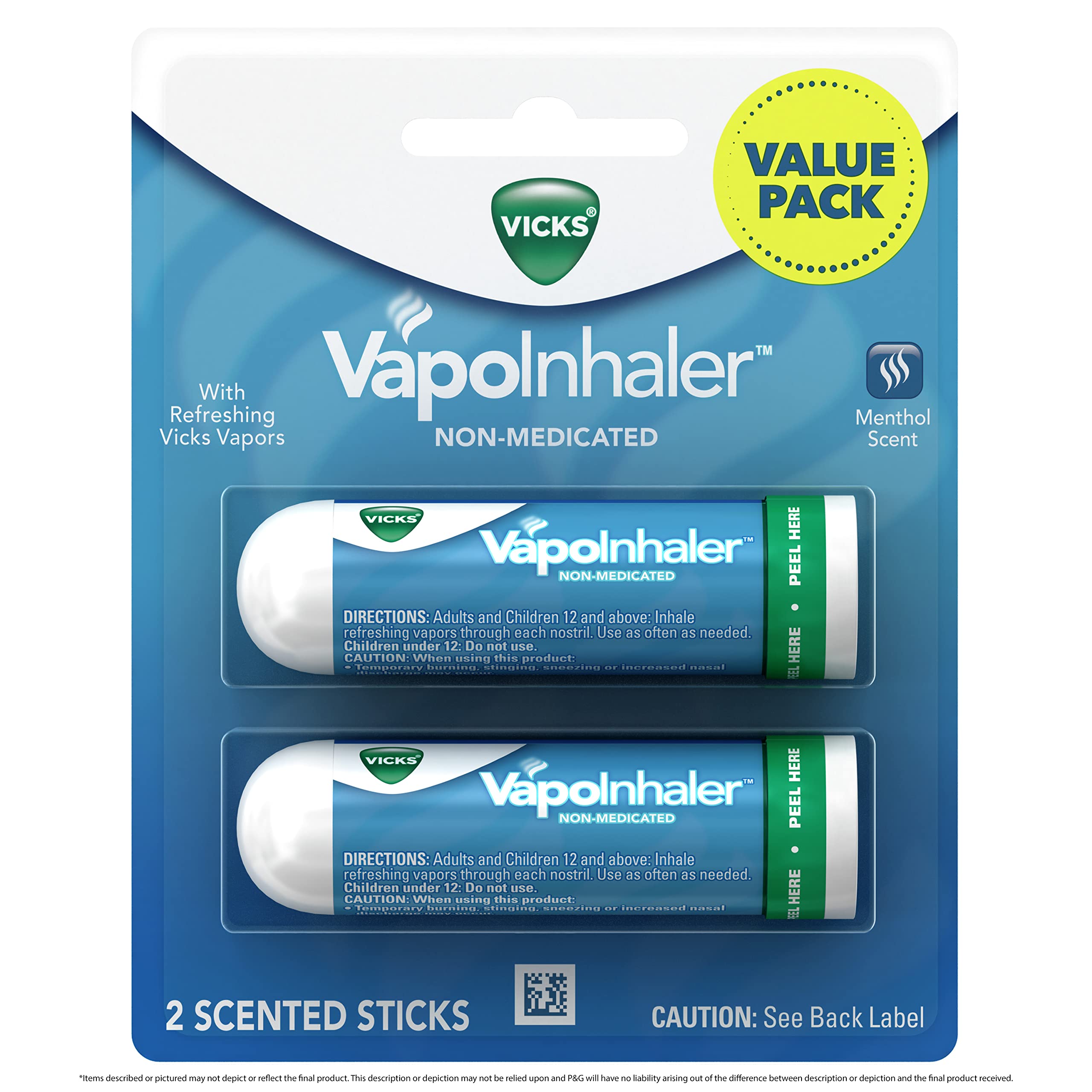 Version 1.0.0 Vicks VapoInhaler, On-the-Go Portable Nasal Inhaler, Non-Medicated, With Refreshing Vicks Vapors, Menthol Scent , 2 Scented Sticks - Image 1